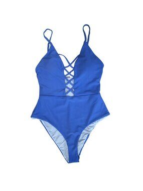 Dippin Daisys Blue Ribbed One Piece Swimsuit Crisscross Back Size M NWT.